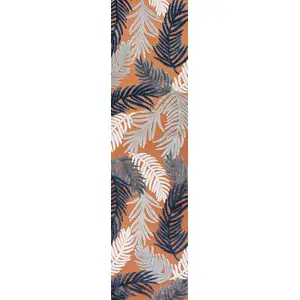 Photo of 8' Orange Navy Blue And Ivory Floral Indoor Outdoor Runner Rug