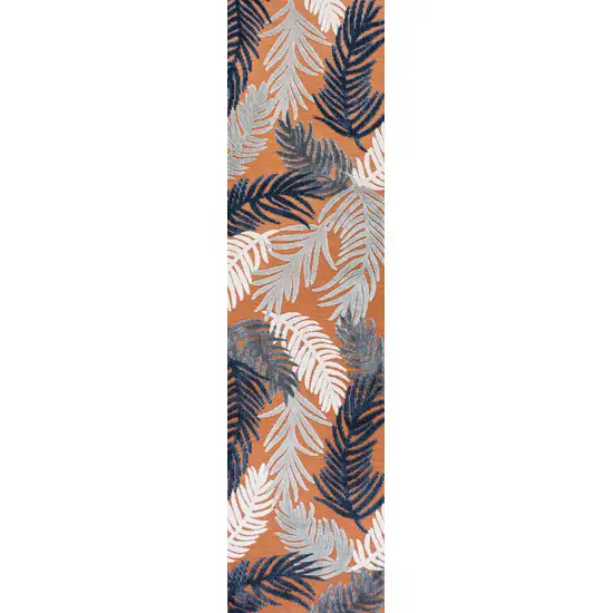 8' Orange Navy Blue And Ivory Floral Indoor Outdoor Runner Rug Photo 1