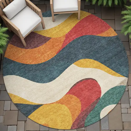 8' Orange Navy Blue And Ivory Round Abstract Washable Indoor Outdoor Area Rug Photo 9