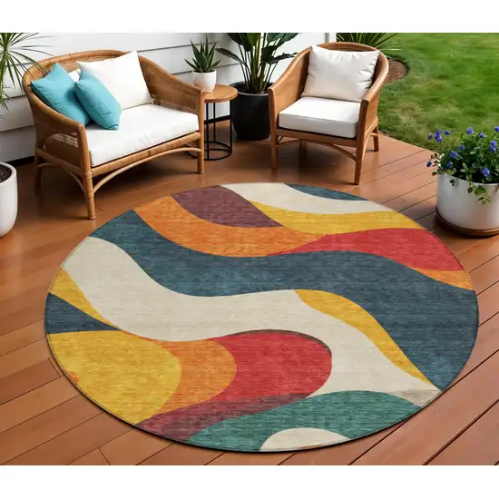8' Orange Navy Blue And Ivory Round Abstract Washable Indoor Outdoor Area Rug Photo 2