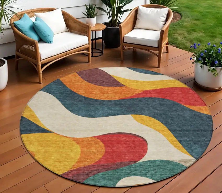 8' Orange Navy Blue And Ivory Round Abstract Washable Indoor Outdoor Area Rug Photo 2