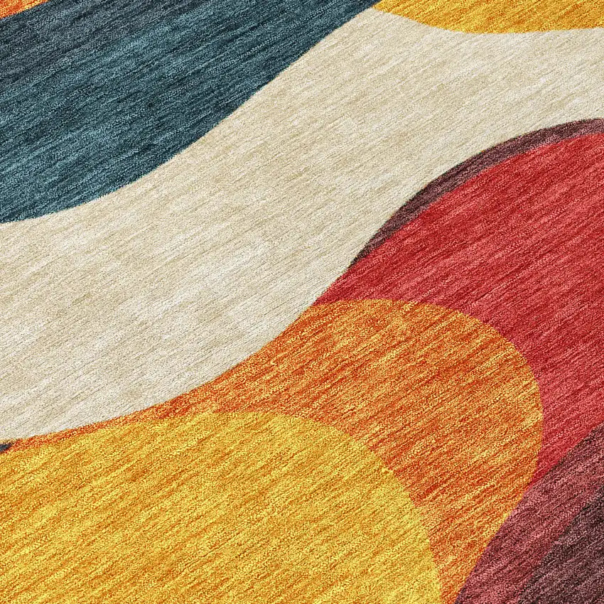 8' Orange Navy Blue And Ivory Round Abstract Washable Indoor Outdoor Area Rug Photo 7