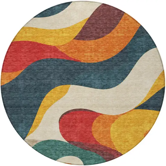 8' Orange Navy Blue And Ivory Round Abstract Washable Indoor Outdoor Area Rug Photo 4