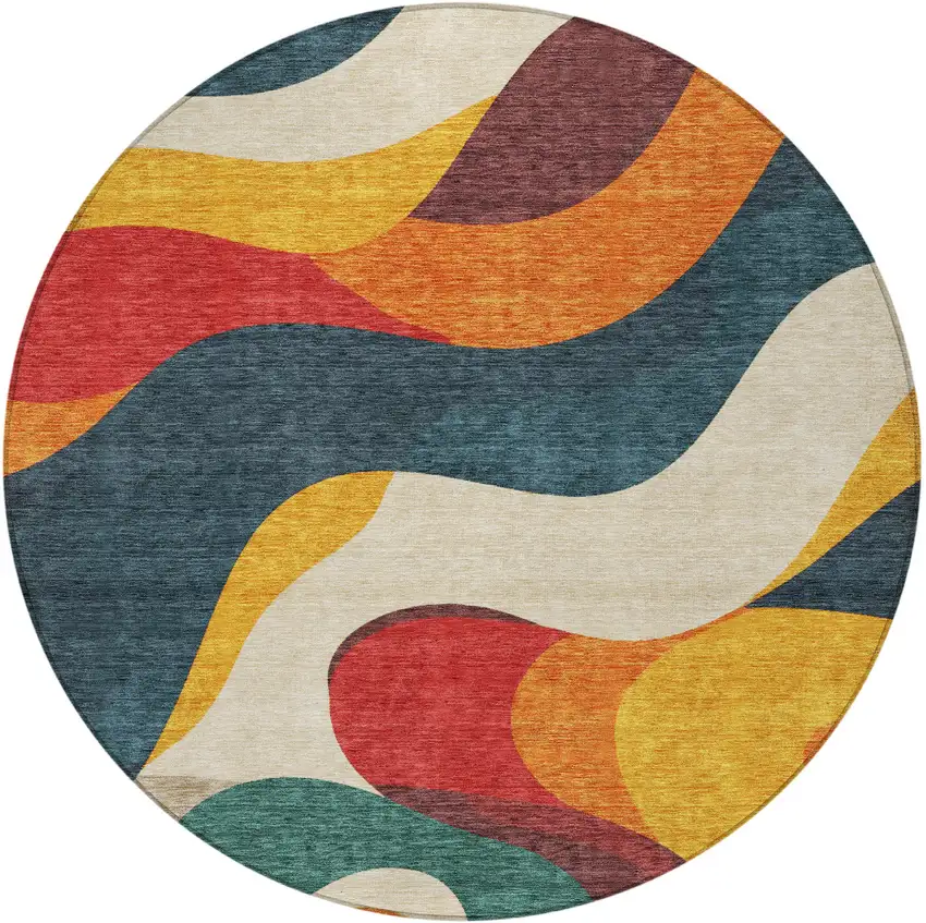 8' Orange Navy Blue And Ivory Round Abstract Washable Indoor Outdoor Area Rug Photo 4