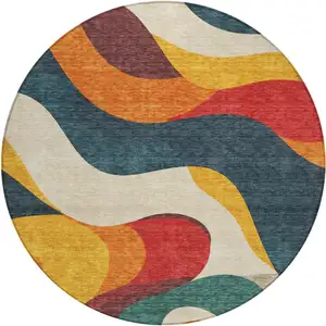 Photo of 8' Orange Navy Blue And Ivory Round Abstract Washable Indoor Outdoor Area Rug