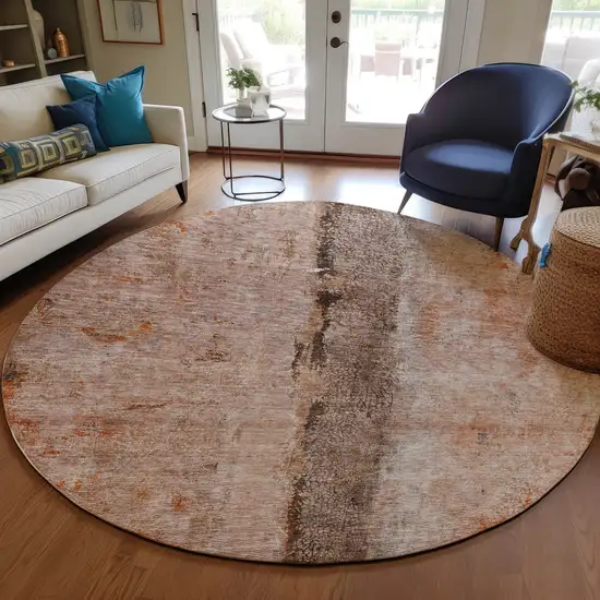 8' Orange Peach And Brown Round Abstract Washable Indoor Outdoor Area Rug Photo 6