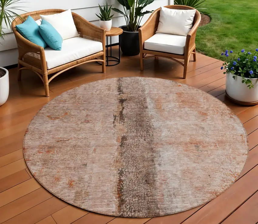 8' Orange Peach And Brown Round Abstract Washable Indoor Outdoor Area Rug Photo 1