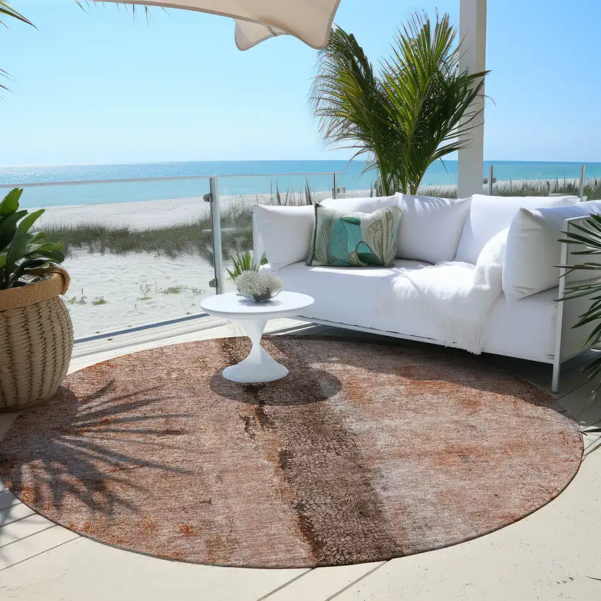 8' Orange Peach And Brown Round Abstract Washable Indoor Outdoor Area Rug Photo 5