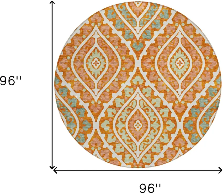 8' Orange Peach And Ivory Round Floral Washable Indoor Outdoor Area Rug Photo 9