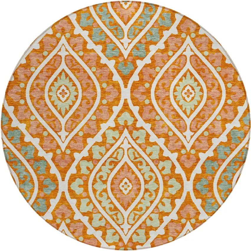 8' Orange Peach And Ivory Round Floral Washable Indoor Outdoor Area Rug Photo 1