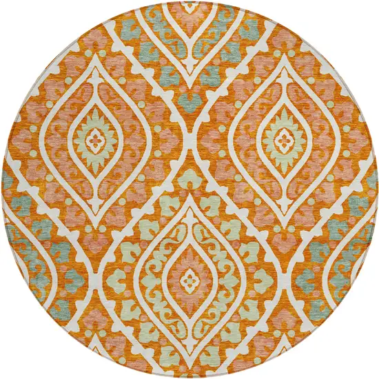8' Orange Peach And Ivory Round Floral Washable Indoor Outdoor Area Rug Photo 1