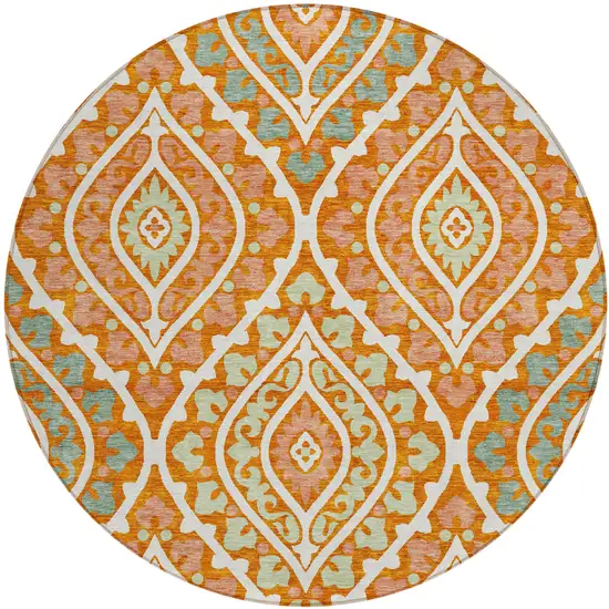 8' Orange Peach And Ivory Round Floral Washable Indoor Outdoor Area Rug Photo 1