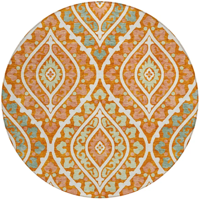 8' Orange Peach And Ivory Round Floral Washable Indoor Outdoor Area Rug Photo 1