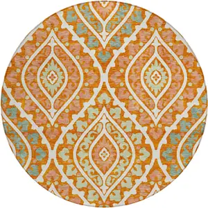 Photo of 8' Orange Peach And Ivory Round Floral Washable Indoor Outdoor Area Rug