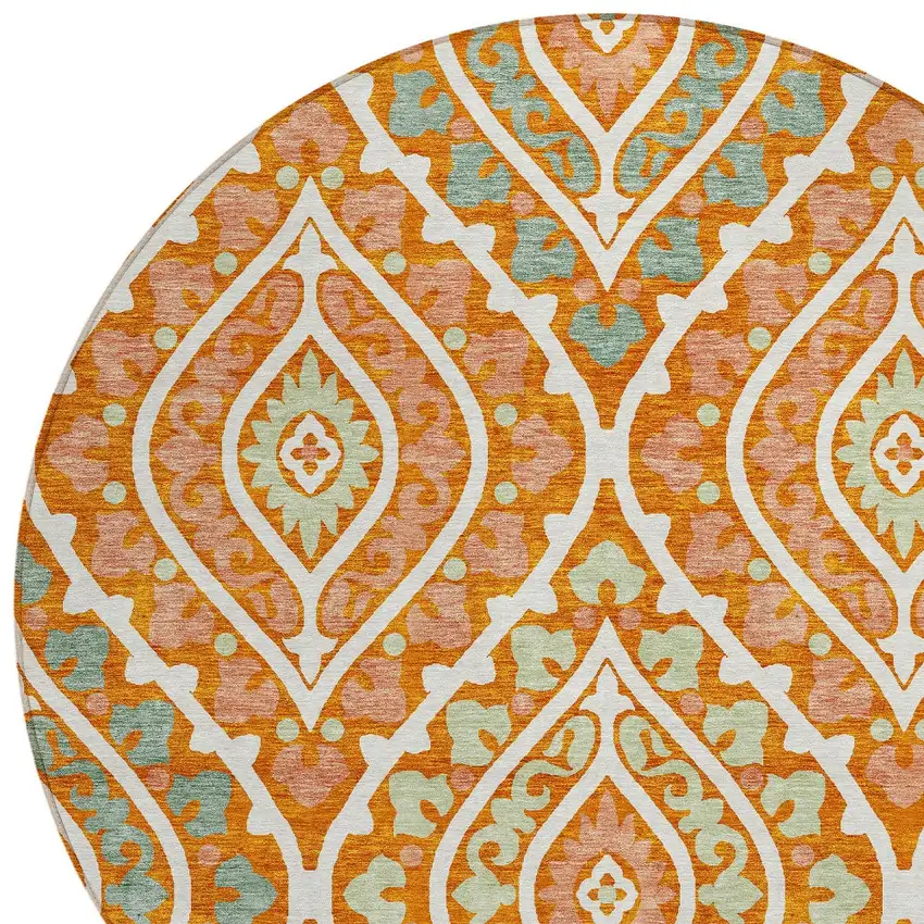 8' Orange Peach And Ivory Round Floral Washable Indoor Outdoor Area Rug Photo 4