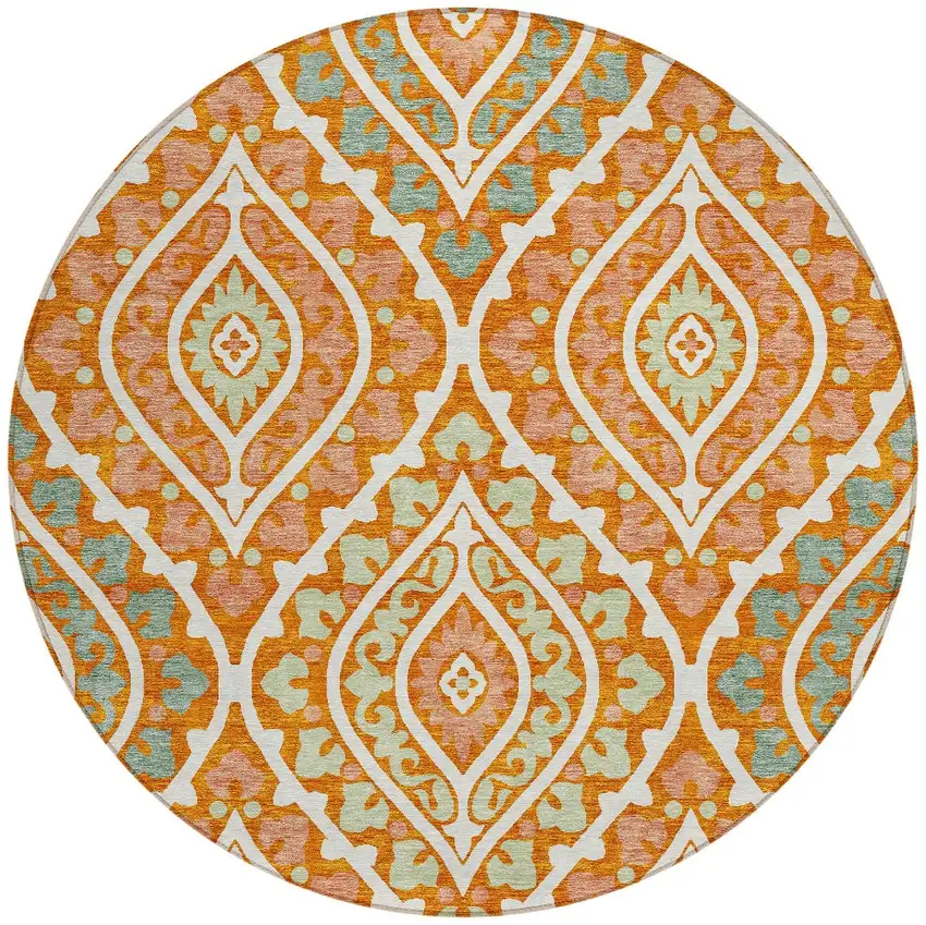 8' Orange Peach And Ivory Round Floral Washable Indoor Outdoor Area Rug Photo 6
