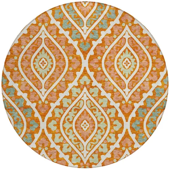 8' Orange Peach And Ivory Round Floral Washable Indoor Outdoor Area Rug Photo 6