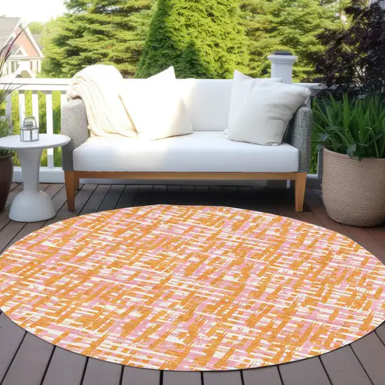 8' Orange Pink And Beige Round Abstract Washable Indoor Outdoor Area Rug Photo 8