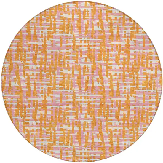 8' Orange Pink And Beige Round Abstract Washable Indoor Outdoor Area Rug Photo 2
