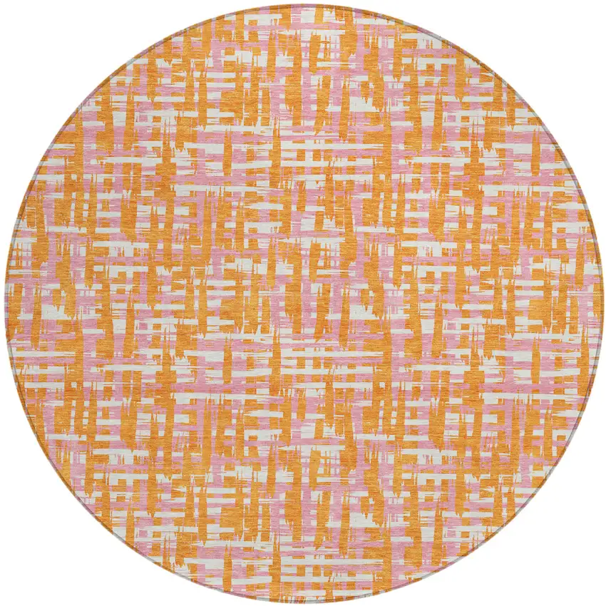 8' Orange Pink And Beige Round Abstract Washable Indoor Outdoor Area Rug Photo 2