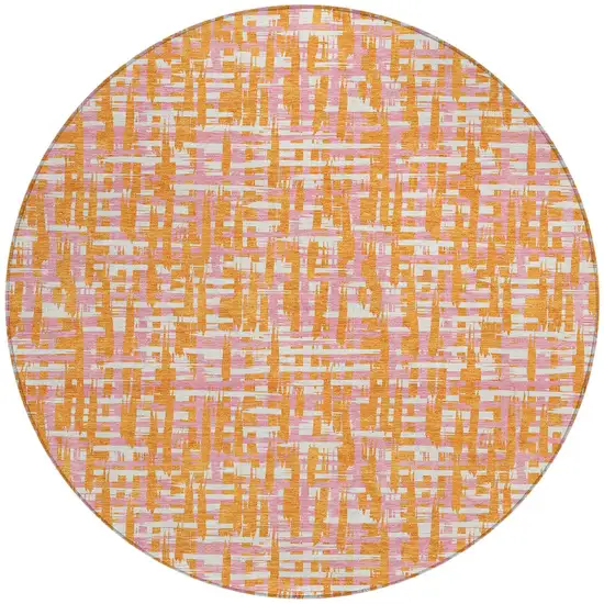 8' Orange Pink And Beige Round Abstract Washable Indoor Outdoor Area Rug Photo 7