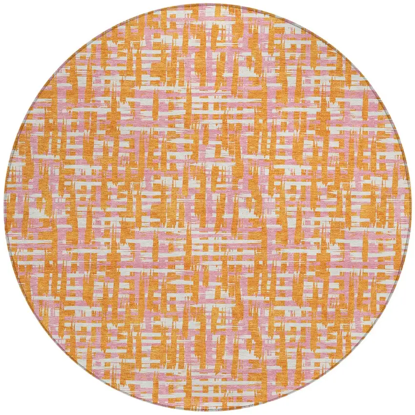 8' Orange Pink And Beige Round Abstract Washable Indoor Outdoor Area Rug Photo 7