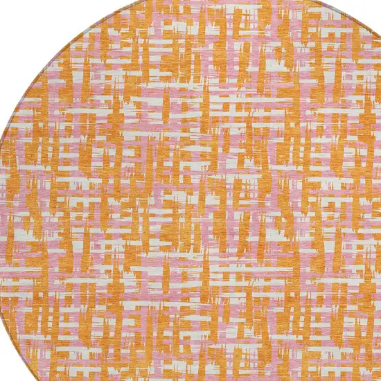8' Orange Pink And Beige Round Abstract Washable Indoor Outdoor Area Rug Photo 6
