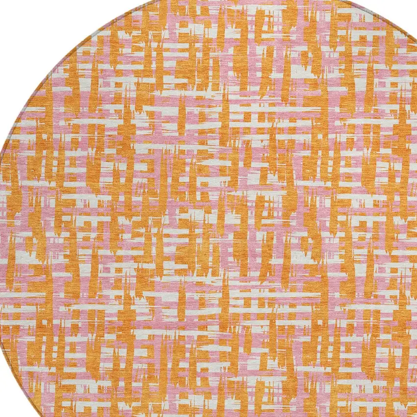 8' Orange Pink And Beige Round Abstract Washable Indoor Outdoor Area Rug Photo 6