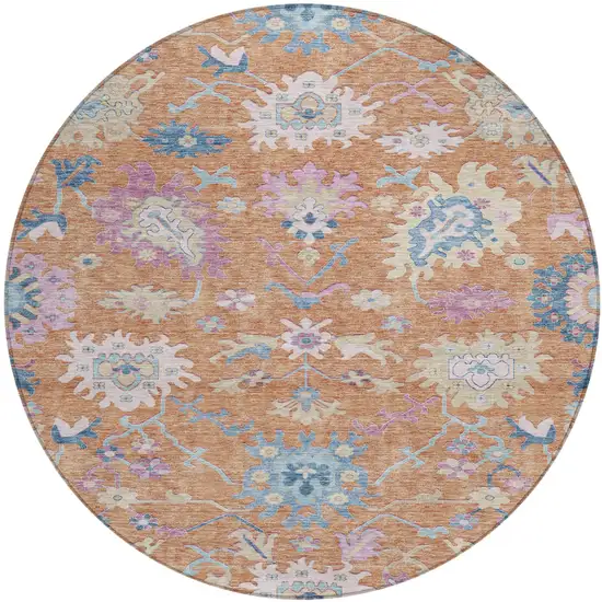 8' Orange Pink And Denim Blue Round Floral Washable Indoor Outdoor Area Rug Photo 2