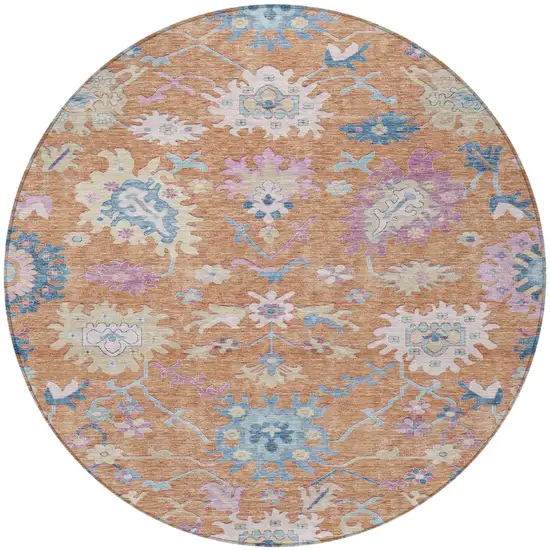 8' Orange Pink And Denim Blue Round Floral Washable Indoor Outdoor Area Rug Photo 7