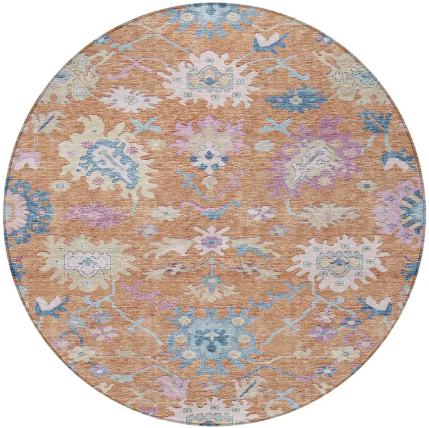 8' Orange Pink And Denim Blue Round Floral Washable Indoor Outdoor Area Rug Photo 7