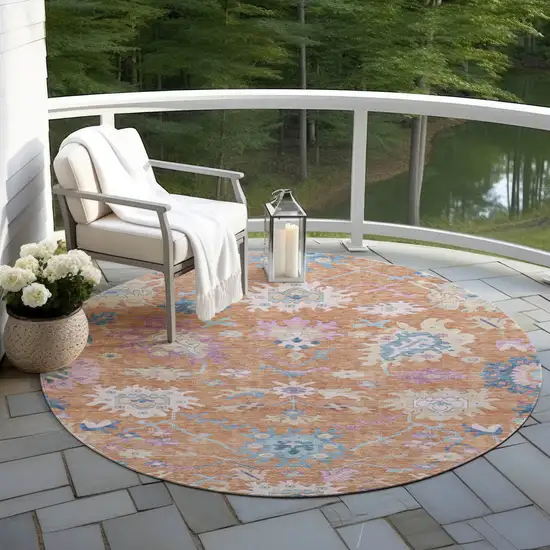 8' Orange Pink And Denim Blue Round Floral Washable Indoor Outdoor Area Rug Photo 8