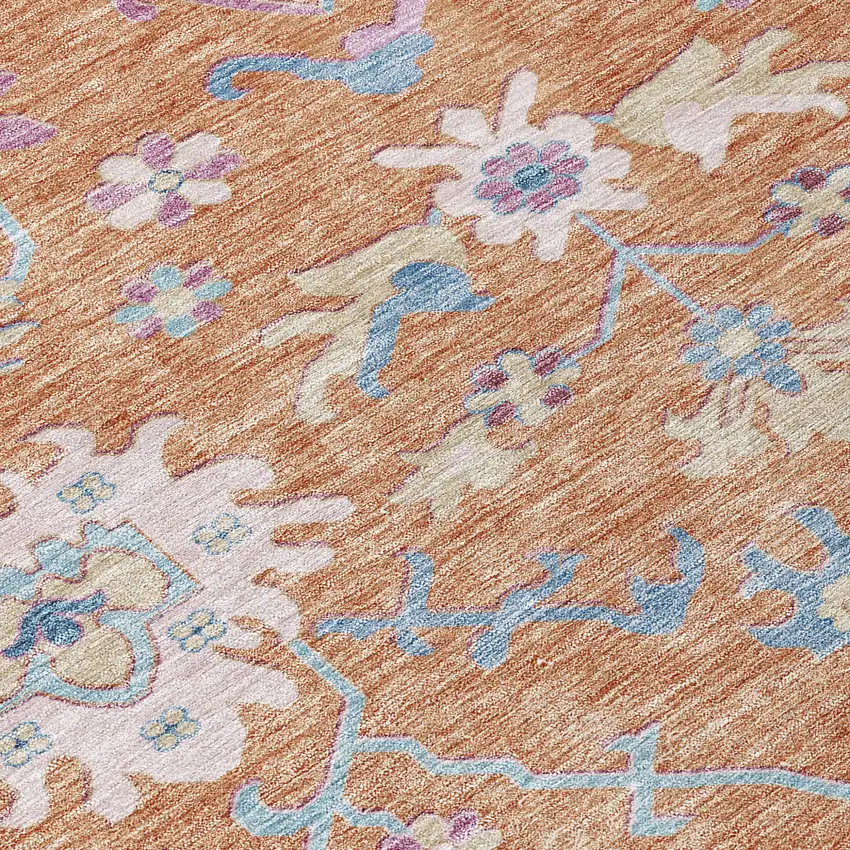 8' Orange Pink And Denim Blue Round Floral Washable Indoor Outdoor Area Rug Photo 5