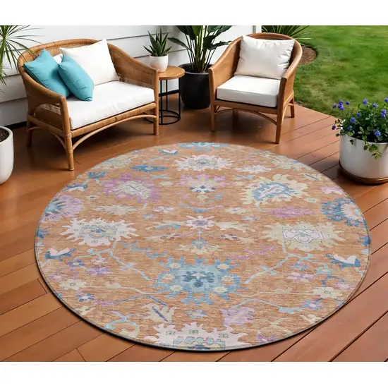 8' Orange Pink And Denim Blue Round Floral Washable Indoor Outdoor Area Rug Photo 1