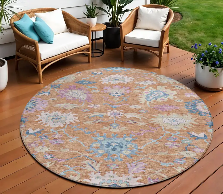 8' Orange Pink And Denim Blue Round Floral Washable Indoor Outdoor Area Rug Photo 1
