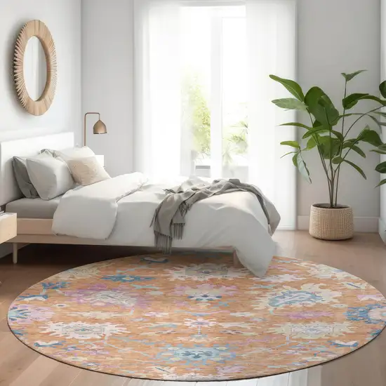 8' Orange Pink And Denim Blue Round Floral Washable Indoor Outdoor Area Rug Photo 9