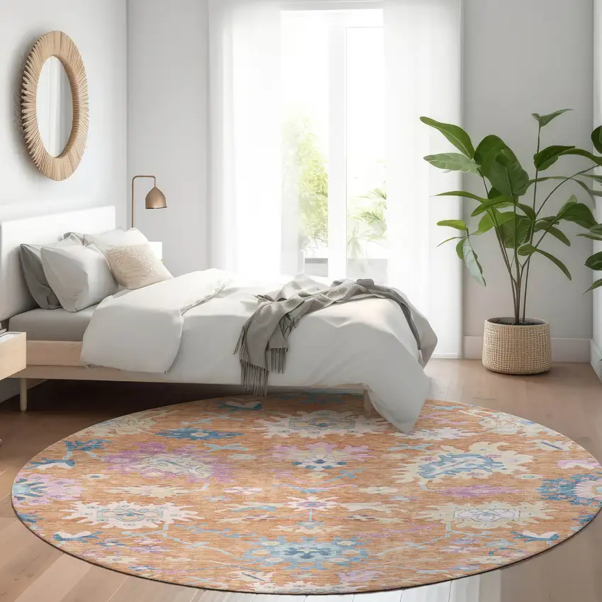 8' Orange Pink And Denim Blue Round Floral Washable Indoor Outdoor Area Rug Photo 9