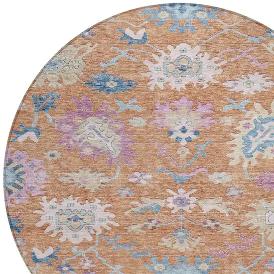 8' Orange Pink And Denim Blue Round Floral Washable Indoor Outdoor Area Rug Photo 6