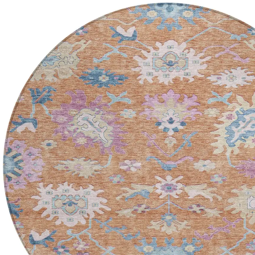 8' Orange Pink And Denim Blue Round Floral Washable Indoor Outdoor Area Rug Photo 6