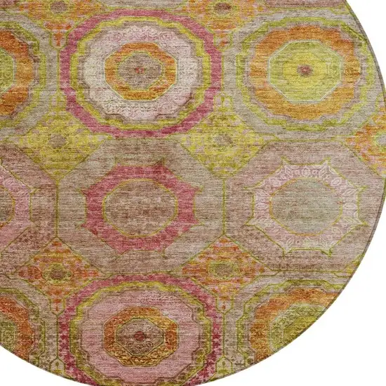 8' Orange Pink And Gold Round Geometric Washable Indoor Outdoor Area Rug Photo 9