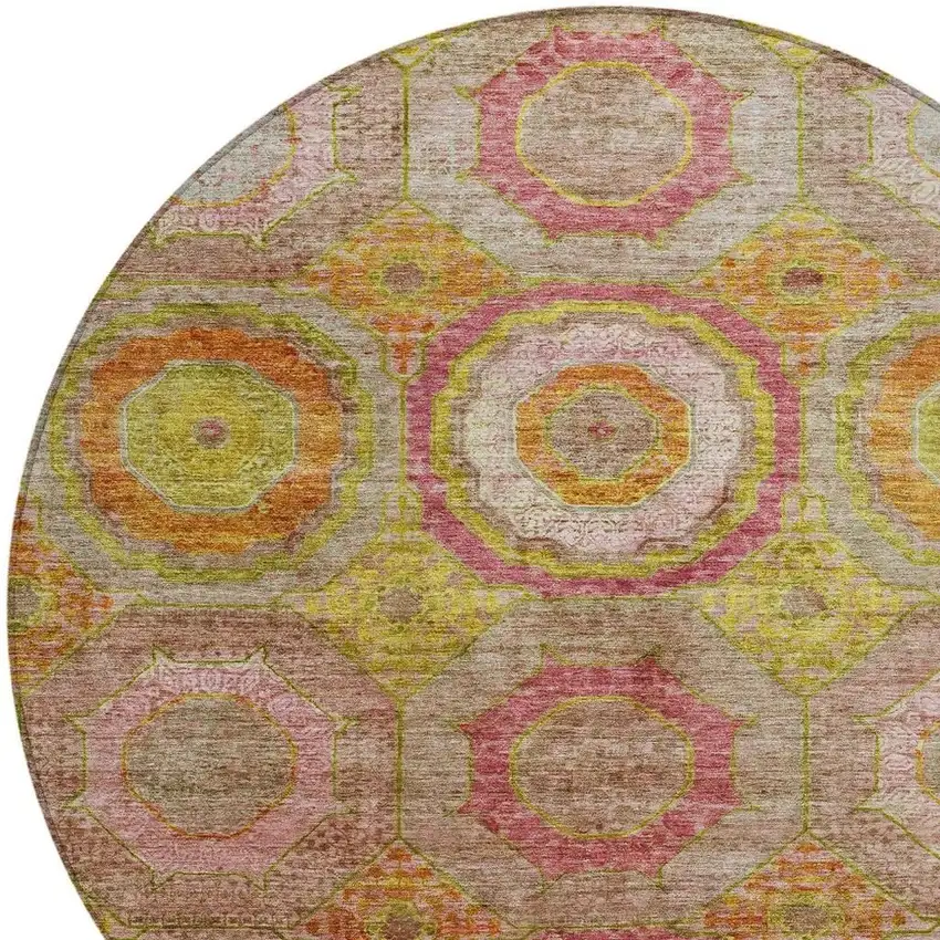 8' Orange Pink And Gold Round Geometric Washable Indoor Outdoor Area Rug Photo 4