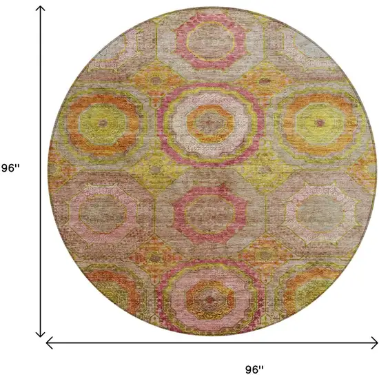 8' Orange Pink And Gold Round Geometric Washable Indoor Outdoor Area Rug Photo 9