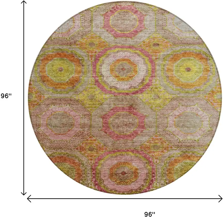 8' Orange Pink And Gold Round Geometric Washable Indoor Outdoor Area Rug Photo 9