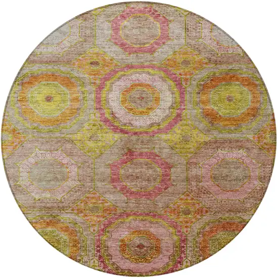 8' Orange Pink And Gold Round Geometric Washable Indoor Outdoor Area Rug Photo 3
