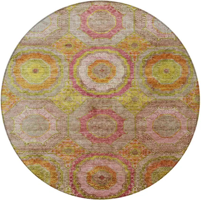8' Orange Pink And Gold Round Geometric Washable Indoor Outdoor Area Rug Photo 3