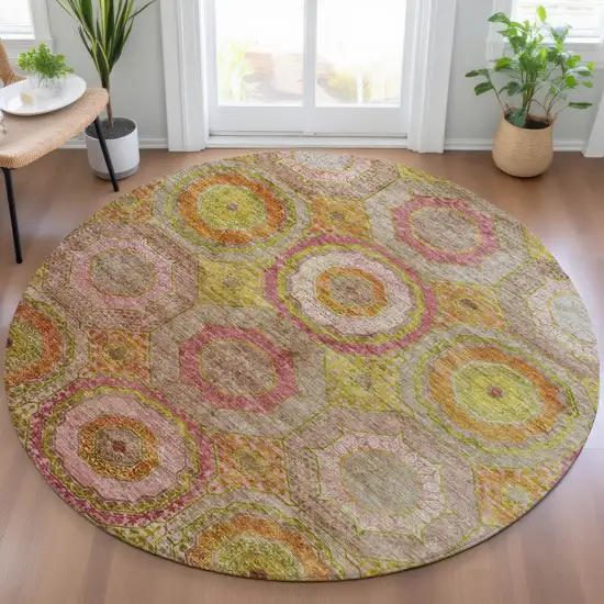 8' Orange Pink And Gold Round Geometric Washable Indoor Outdoor Area Rug Photo 7