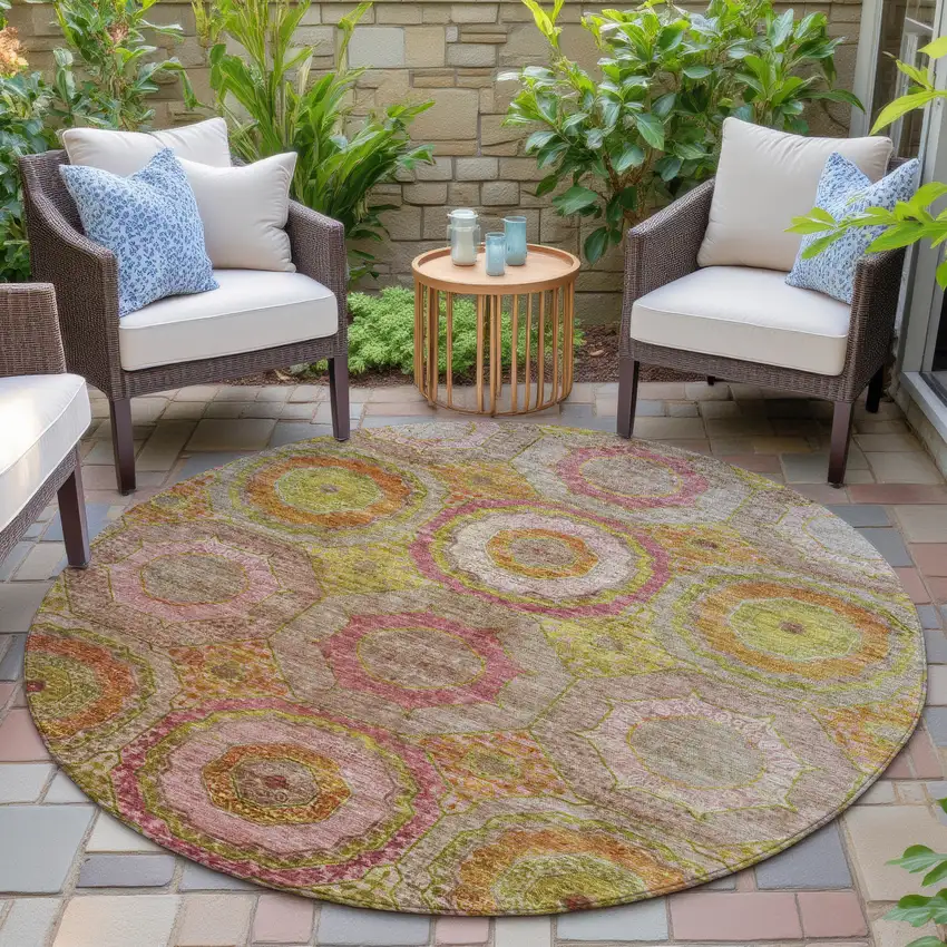 8' Orange Pink And Gold Round Geometric Washable Indoor Outdoor Area Rug Photo 6