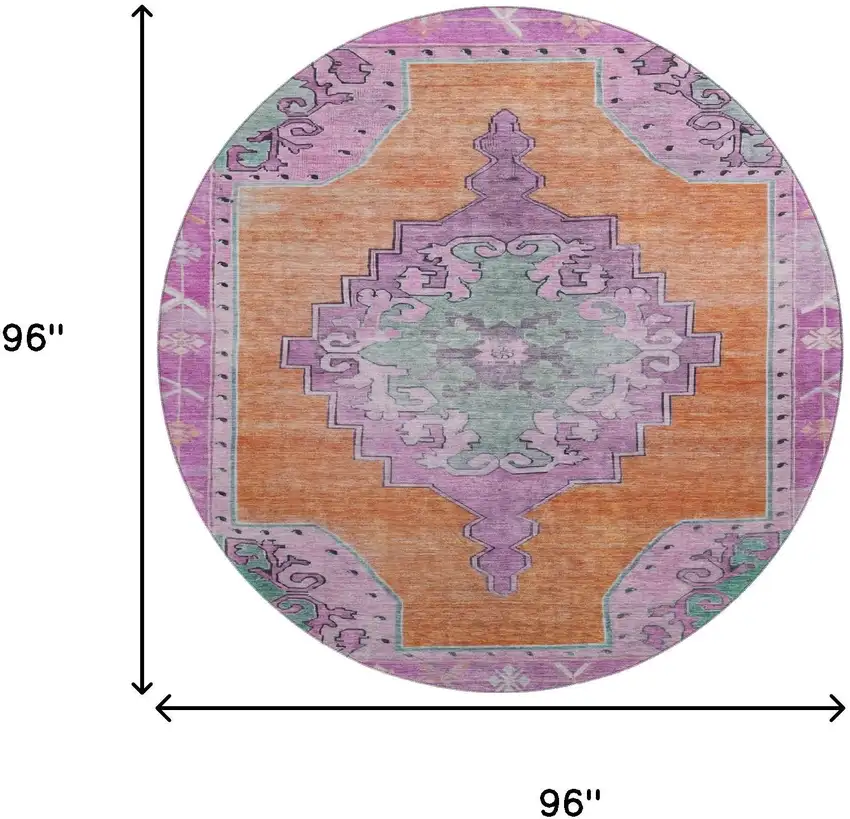 8' Orange Pink And Green Oriental Washable Round Rug With UV Protection Photo 9
