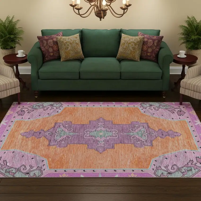 8' Orange Pink And Green Oriental Washable Round Rug With UV Protection Photo 2