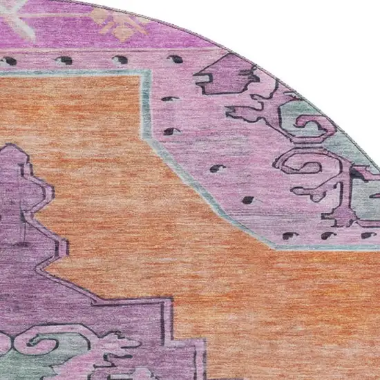 8' Orange Pink And Green Oriental Washable Round Rug With UV Protection Photo 2